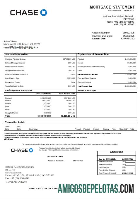 Declaração de hipoteca do USA Chase em formatos Word e PDF exemplo real